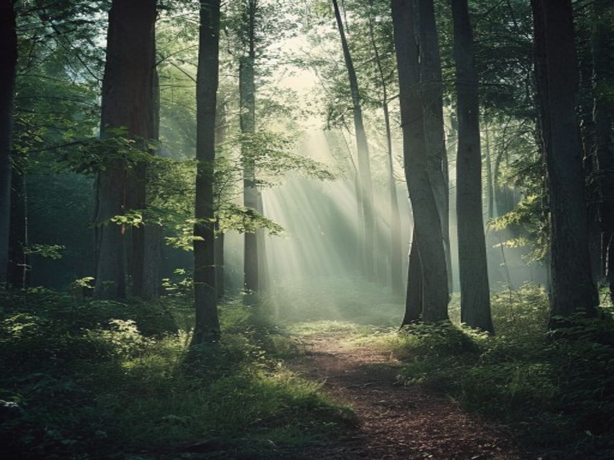 Peaceful forest clearing with sunlight filtering through tall trees